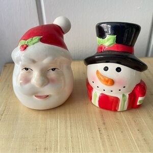 $10 SALE Vintage Happy Santa Snowman Head Salt Pepper Shaker Set Retro Christmas